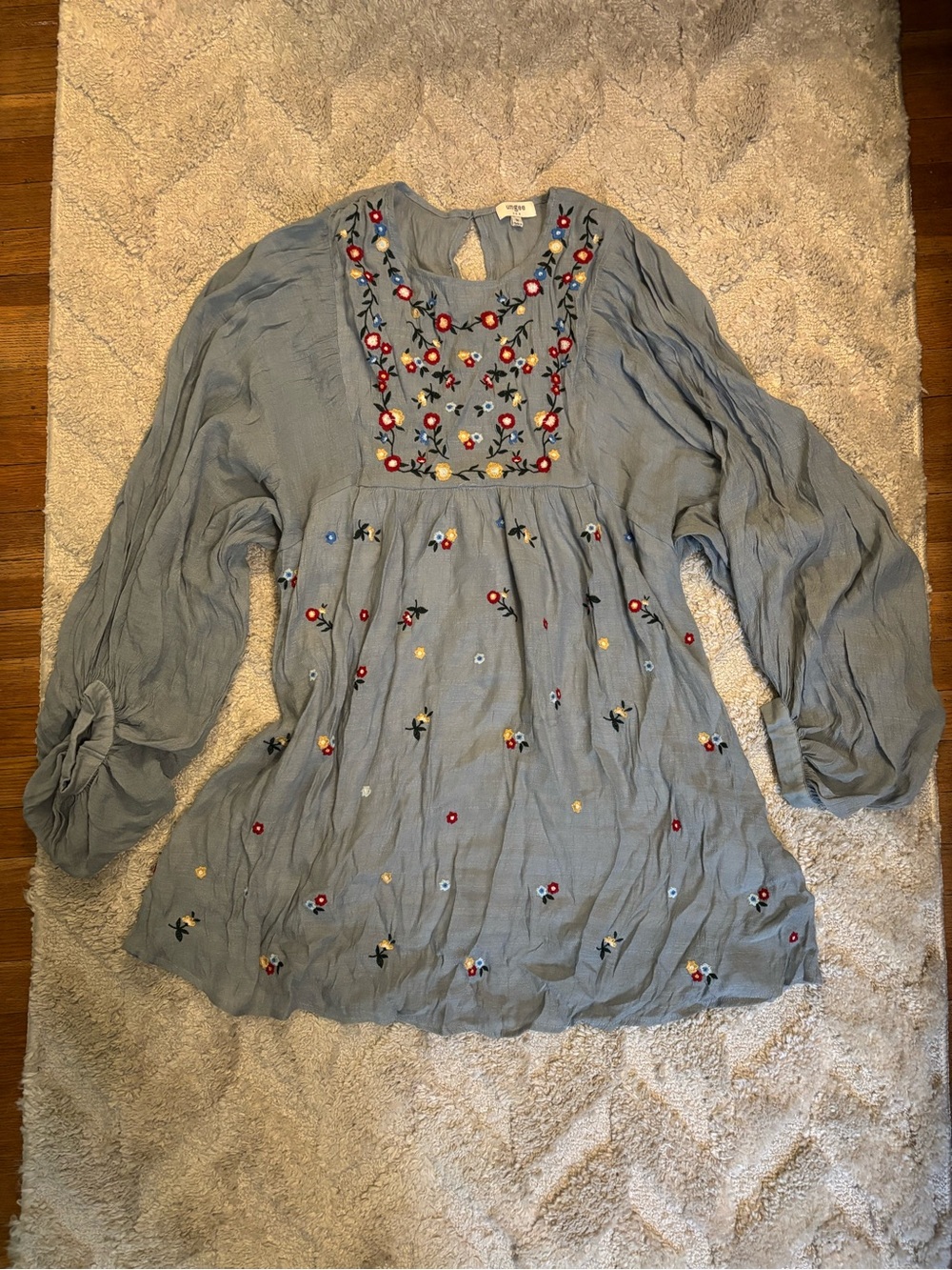 Umgee Blue Embroidered Boho Tunic with Multicolor Floral Accents